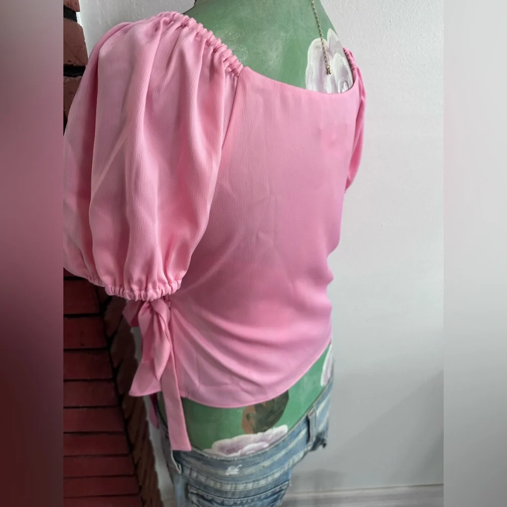 WAYF Tie Waist wrap blouse, pink, size XS - Picture 5 of 7